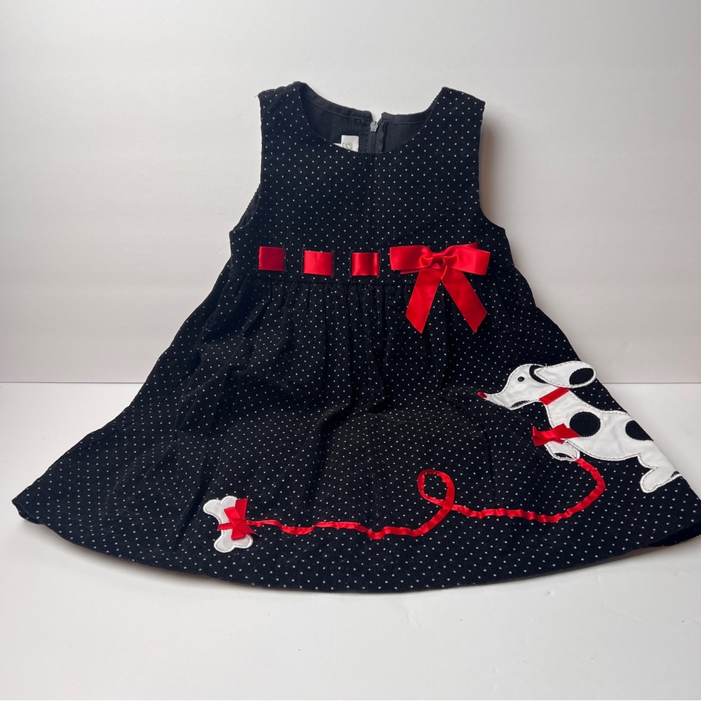 Bonnie Jean Black Polka Dot Dress with Red Bow and Dog Design zipper 2T